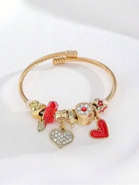 NEW Stainless Steel Gold Charm Bangle Bracelet | Red Heart Rhinestone Luxury
